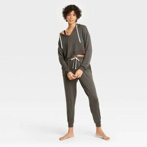 Colsie Womens Dark Gray Cropped Hoodie Sweatshirt L Soft & Cozy Lounge Wear